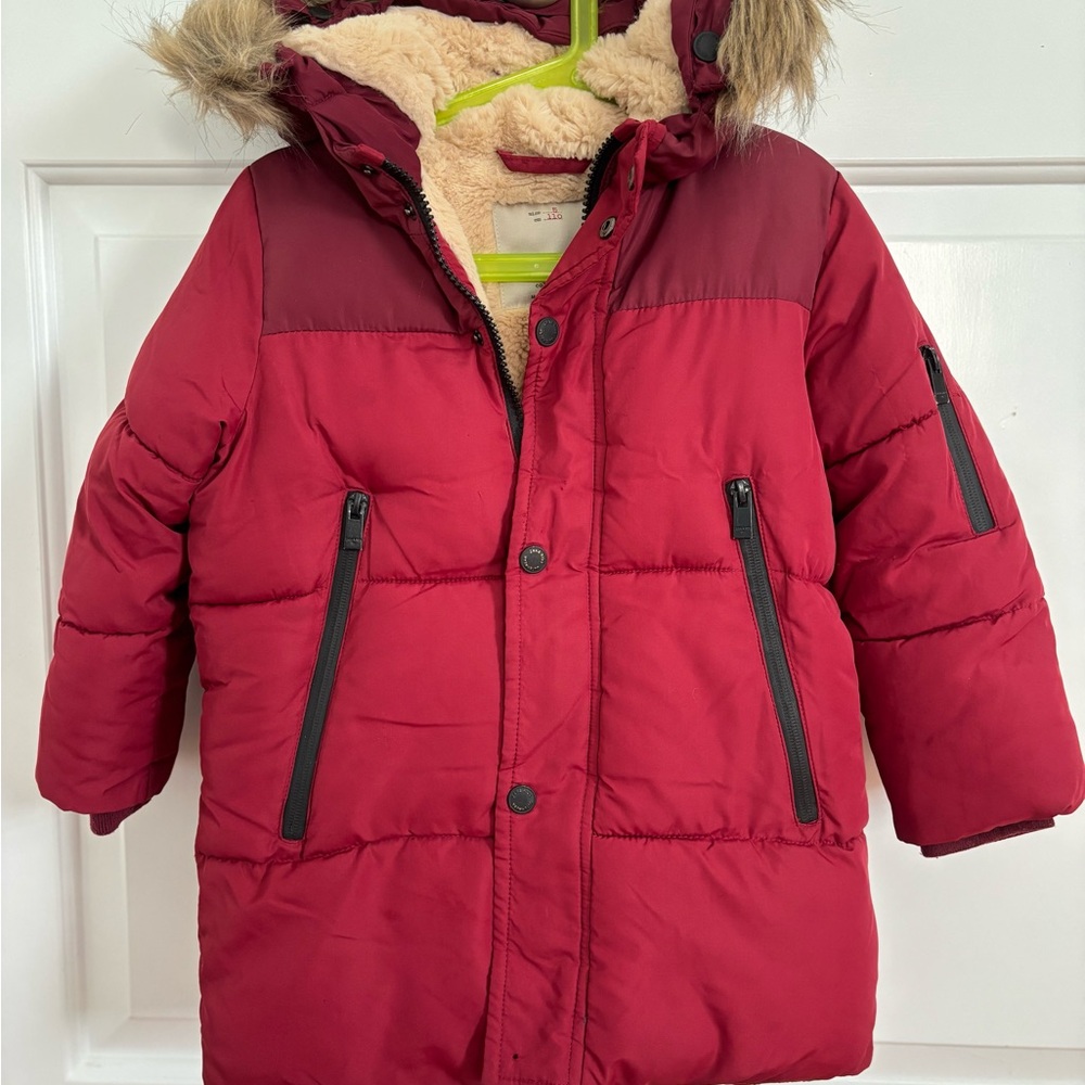 Zara Kids Red Puffer Jacket with Faux Fur Hood